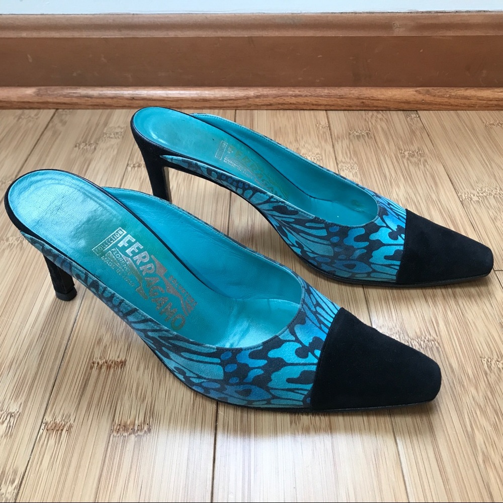 Salvatore Ferragamo Suede Leather Mules Sandals Blue Black Size 7M 🦋 - Picture 6 of 9